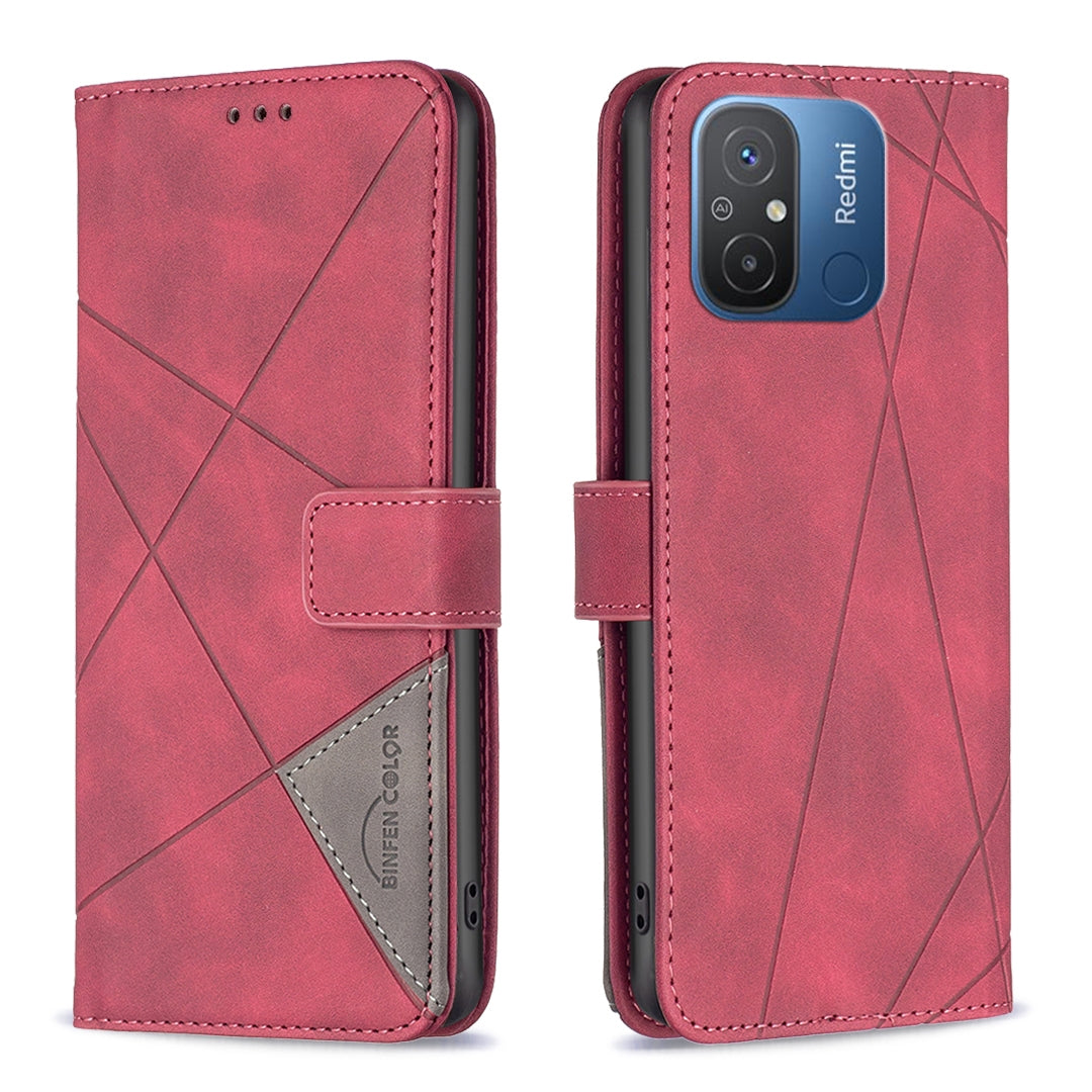 Xiaomi Redmi 12C Wallet Case – Rhombus Texture PU Leather, Magnetic Buckle, Card Slots, Stand Function, Shockproof Protective Cover