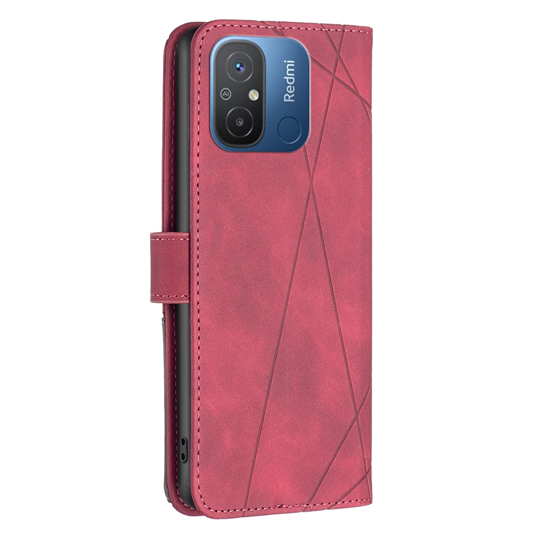 Xiaomi Redmi 12C Wallet Case – Rhombus Texture PU Leather, Magnetic Buckle, Card Slots, Stand Function, Shockproof Protective Cover