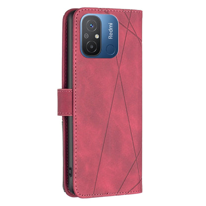 Xiaomi Redmi 12C Wallet Case – Rhombus Texture PU Leather, Magnetic Buckle, Card Slots, Stand Function, Shockproof Protective Cover