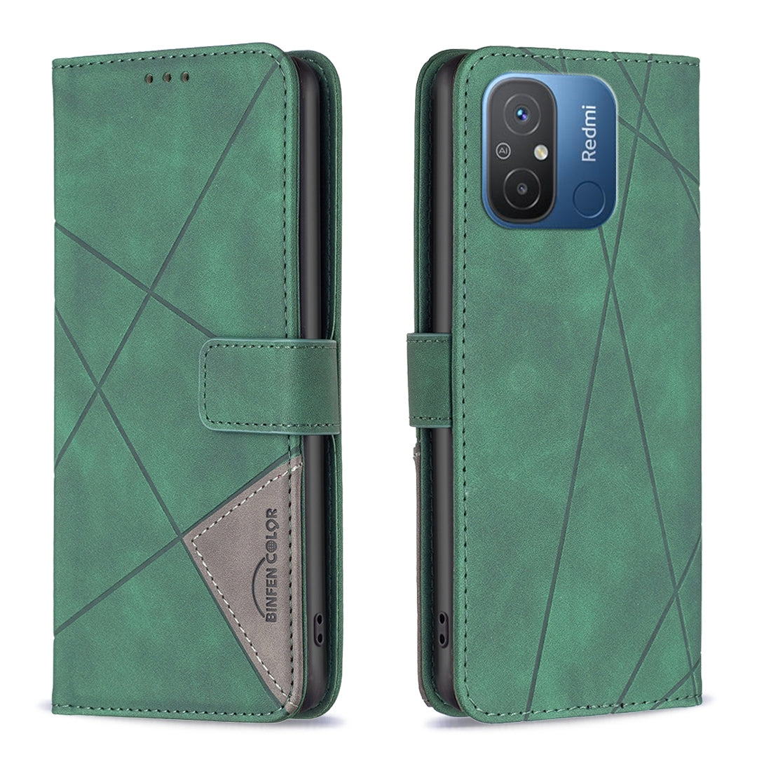 Xiaomi Redmi 12C Wallet Case – Rhombus Texture PU Leather, Magnetic Buckle, Card Slots, Stand Function, Shockproof Protective Cover