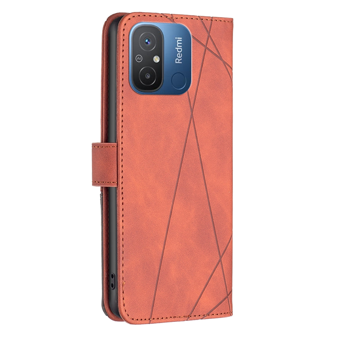 Xiaomi Redmi 12C Wallet Case – Rhombus Texture PU Leather, Magnetic Buckle, Card Slots, Stand Function, Shockproof Protective Cover