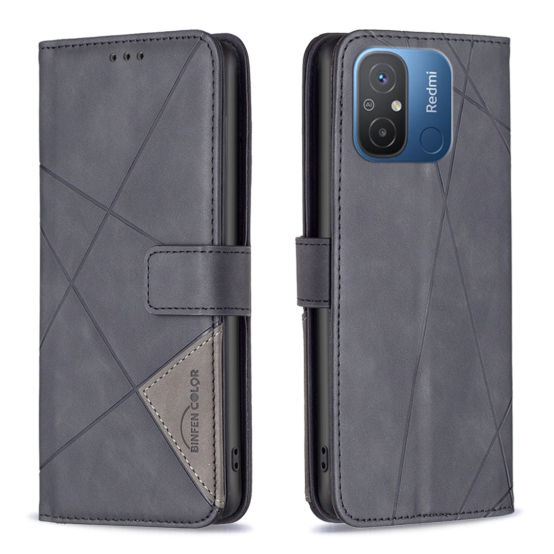 Xiaomi Redmi 12C Wallet Case – Rhombus Texture PU Leather, Magnetic Buckle, Card Slots, Stand Function, Shockproof Protective Cover