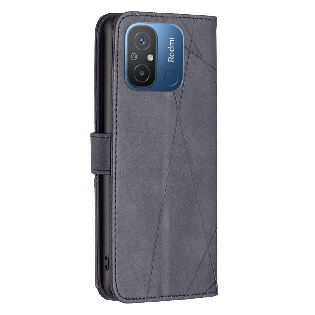 Xiaomi Redmi 12C Wallet Case – Rhombus Texture PU Leather, Magnetic Buckle, Card Slots, Stand Function, Shockproof Protective Cover