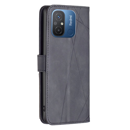 Xiaomi Redmi 12C Wallet Case – Rhombus Texture PU Leather, Magnetic Buckle, Card Slots, Stand Function, Shockproof Protective Cover