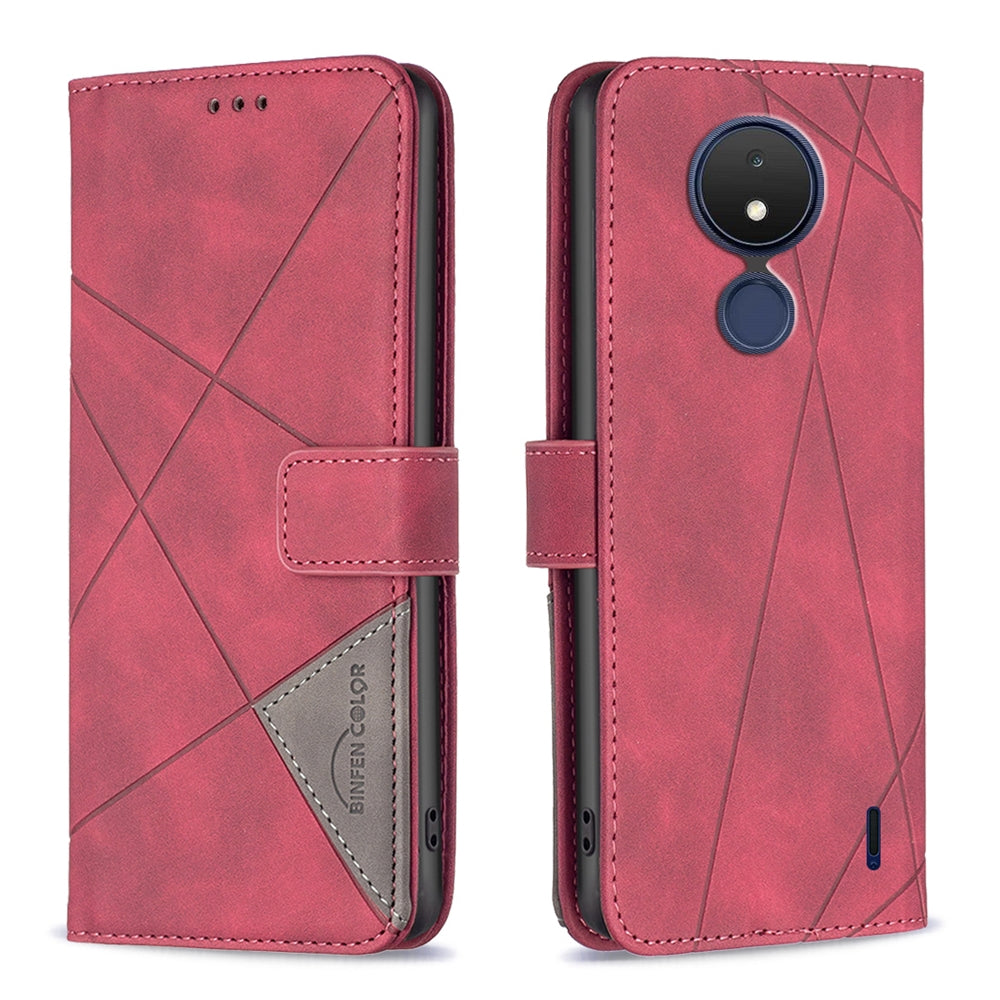 Nokia C21 Wallet Case – Rhombus Texture PU Leather, Magnetic Buckle, Card Slots, Stand Function, Shockproof Protective Cover