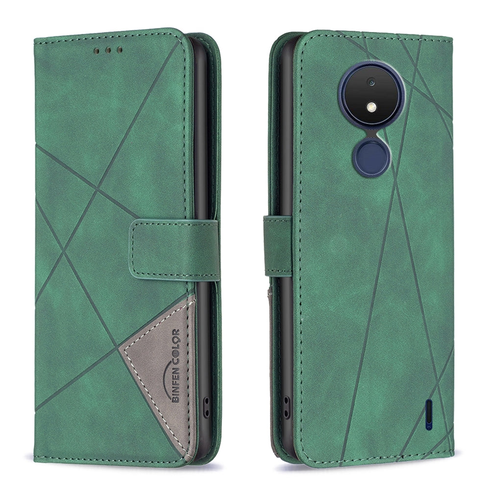 Nokia C21 Wallet Case – Rhombus Texture PU Leather, Magnetic Buckle, Card Slots, Stand Function, Shockproof Protective Cover