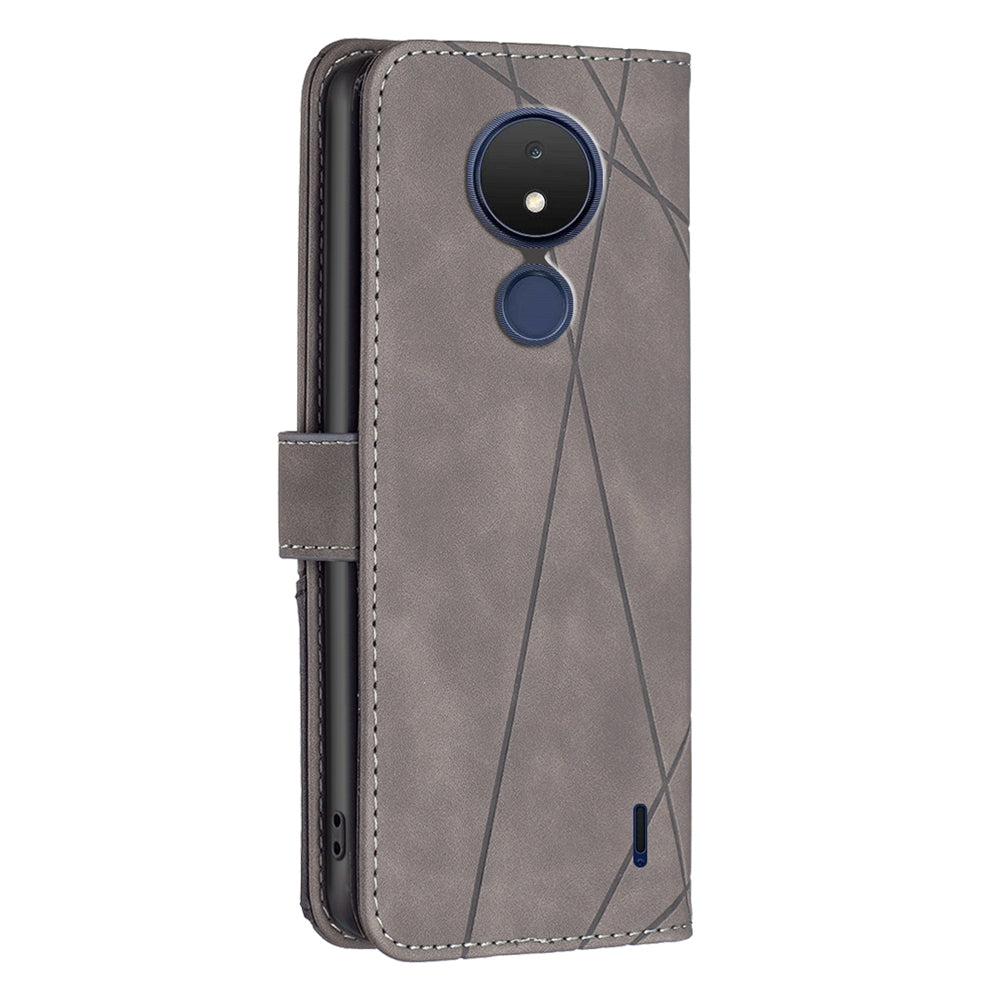 Nokia C21 Wallet Case – Rhombus Texture PU Leather, Magnetic Buckle, Card Slots, Stand Function, Shockproof Protective Cover
