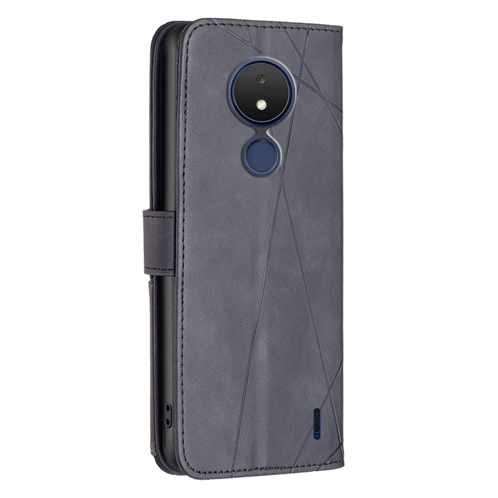 Nokia C21 Wallet Case – Rhombus Texture PU Leather, Magnetic Buckle, Card Slots, Stand Function, Shockproof Protective Cover
