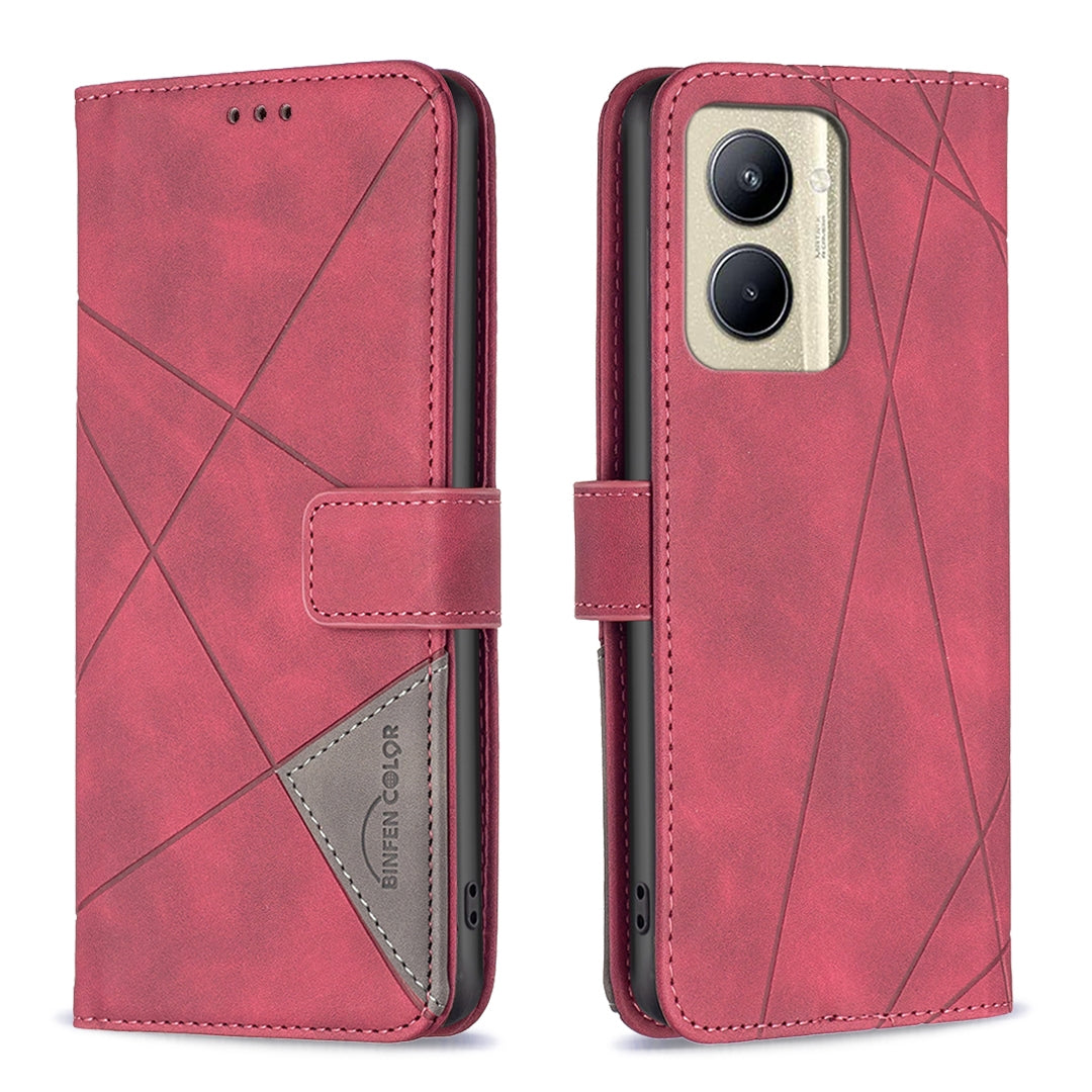 Realme C33 Wallet Case – Rhombus Texture PU Leather, Magnetic Buckle, Card Slots, Stand Function, Shockproof Protective Cover