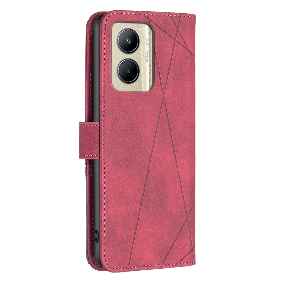Realme C33 Wallet Case – Rhombus Texture PU Leather, Magnetic Buckle, Card Slots, Stand Function, Shockproof Protective Cover