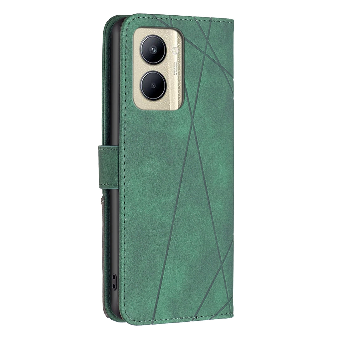 Realme C33 Wallet Case – Rhombus Texture PU Leather, Magnetic Buckle, Card Slots, Stand Function, Shockproof Protective Cover