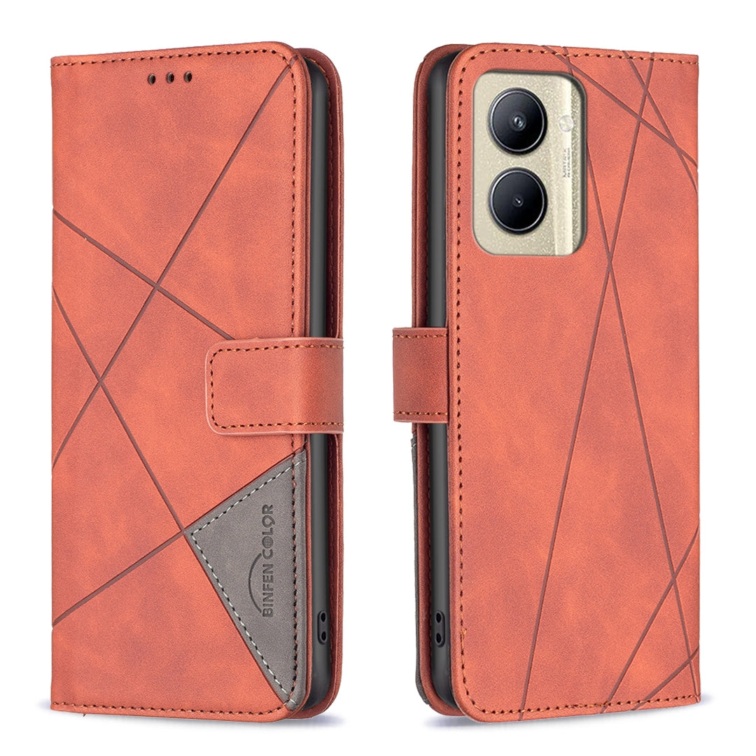 Realme C33 Wallet Case – Rhombus Texture PU Leather, Magnetic Buckle, Card Slots, Stand Function, Shockproof Protective Cover