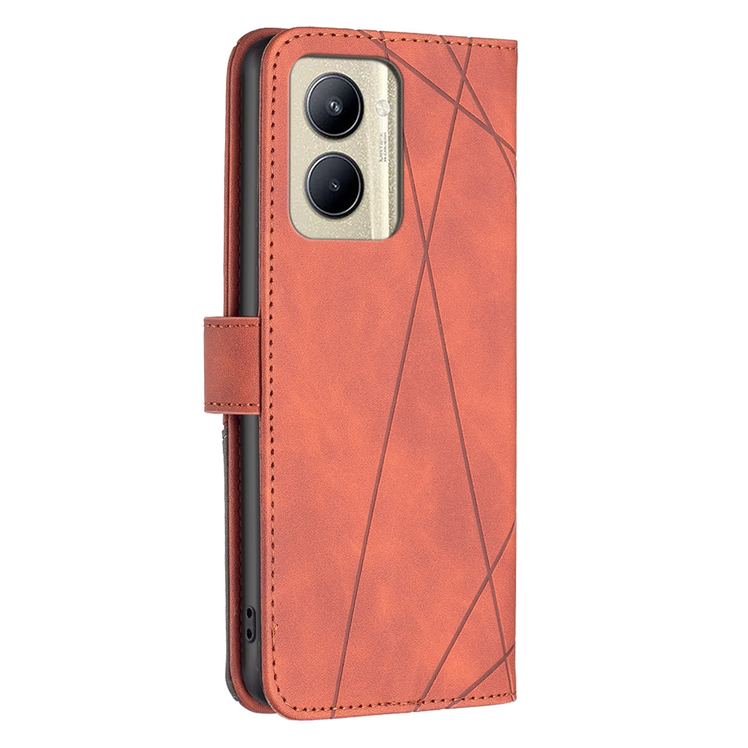 Realme C33 Wallet Case – Rhombus Texture PU Leather, Magnetic Buckle, Card Slots, Stand Function, Shockproof Protective Cover