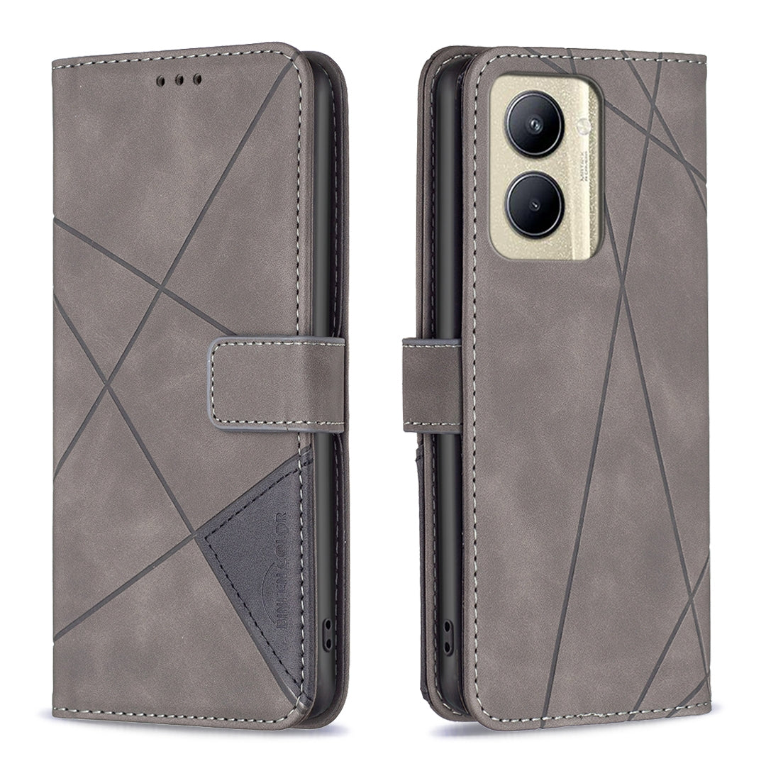 Realme C33 Wallet Case – Rhombus Texture PU Leather, Magnetic Buckle, Card Slots, Stand Function, Shockproof Protective Cover
