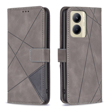 Realme C33 Wallet Case – Rhombus Texture PU Leather, Magnetic Buckle, Card Slots, Stand Function, Shockproof Protective Cover