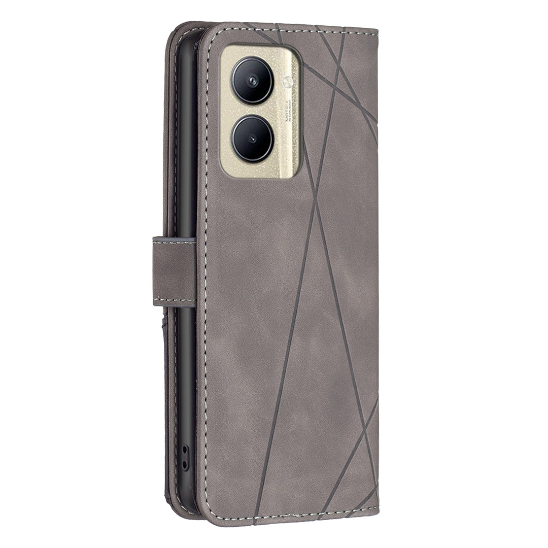 Realme C33 Wallet Case – Rhombus Texture PU Leather, Magnetic Buckle, Card Slots, Stand Function, Shockproof Protective Cover