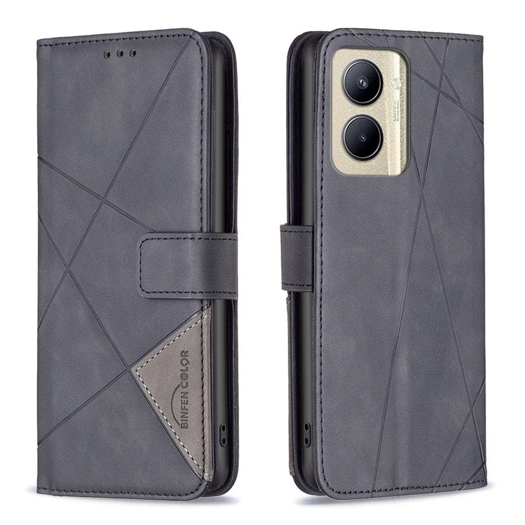 Realme C33 Wallet Case – Rhombus Texture PU Leather, Magnetic Buckle, Card Slots, Stand Function, Shockproof Protective Cover