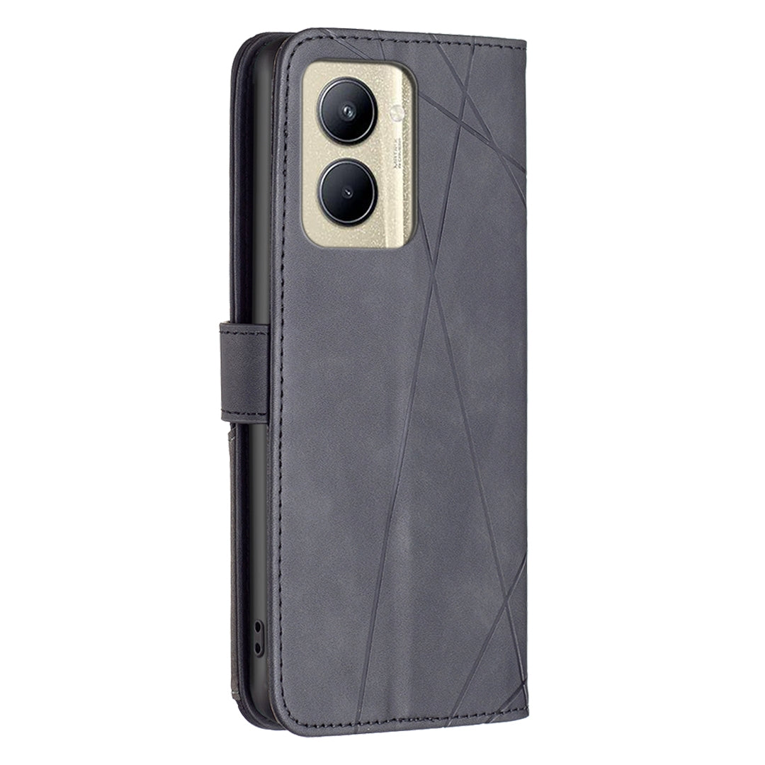 Realme C33 Wallet Case – Rhombus Texture PU Leather, Magnetic Buckle, Card Slots, Stand Function, Shockproof Protective Cover