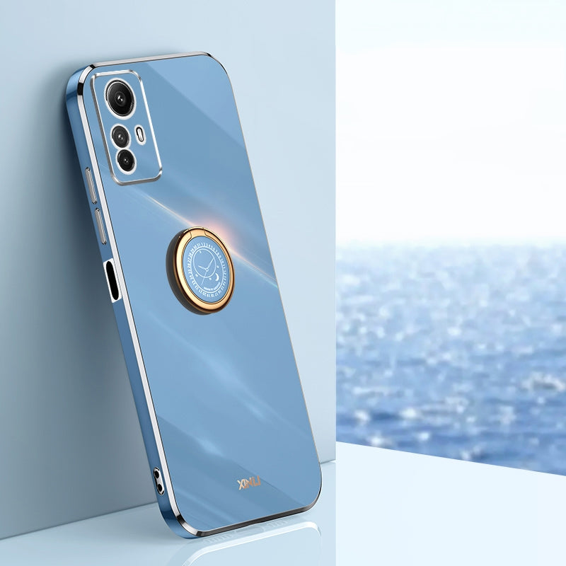 Xiaomi Redmi Note 12S 4G Tough TPU Phone Case with 6D Electroplate, Straight Edge Design, and Comfortable Ring Holder