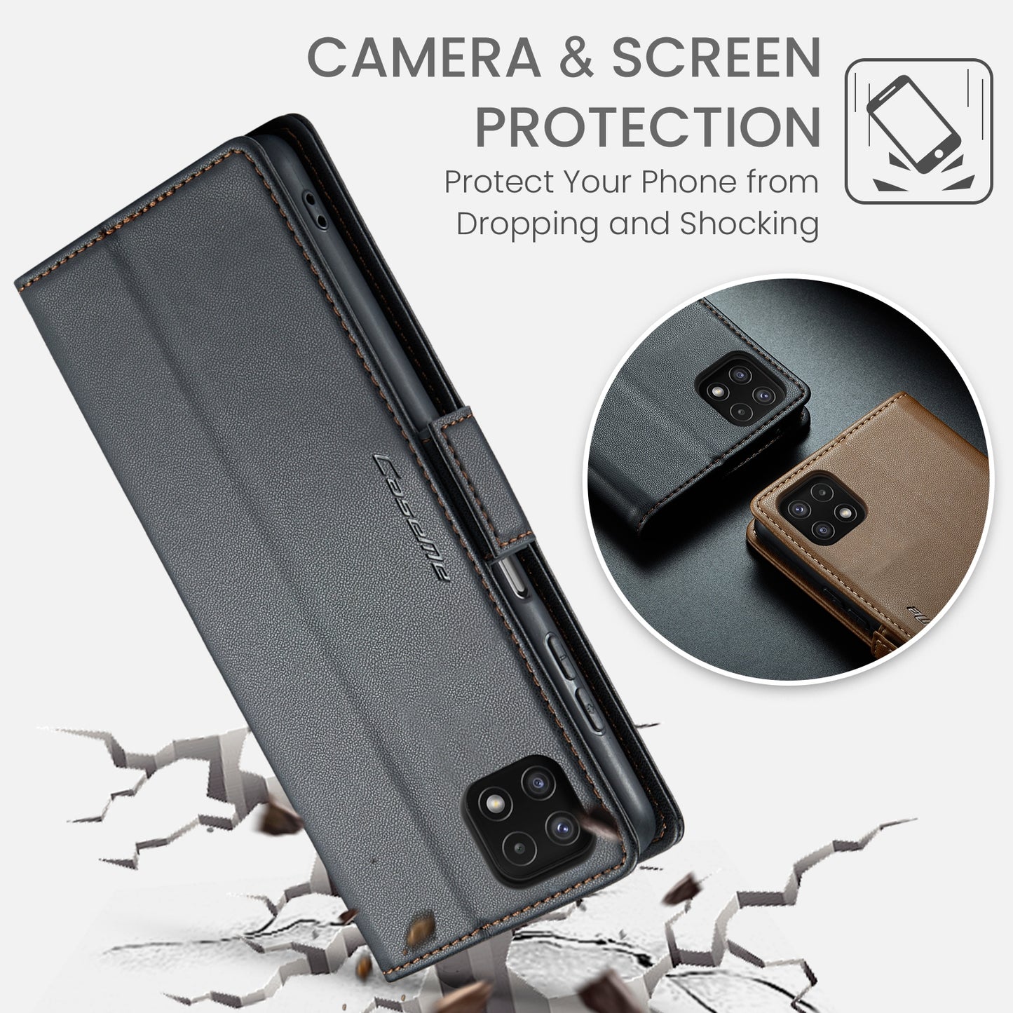 Samsung Galaxy A22 5G Leather Wallet Case - RFID Blocking, Stand Function, Card Slots