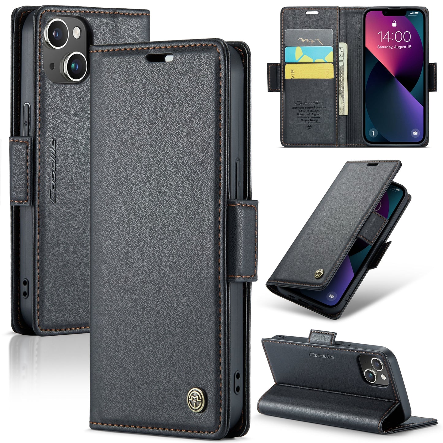 iPhone 14 Leather Wallet Case - RFID Blocking, Stand Function, Card Slots