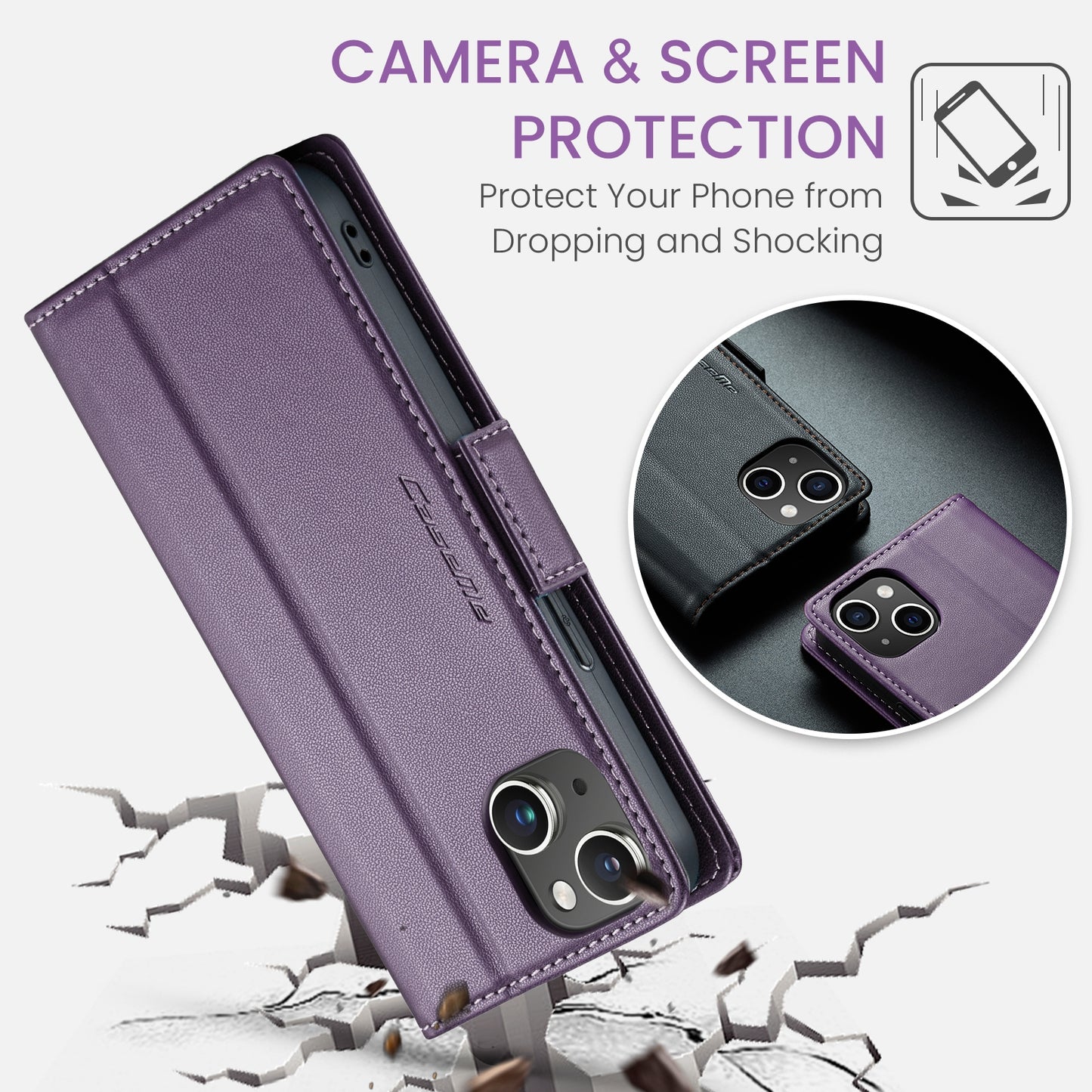 iPhone 14 Leather Wallet Case - RFID Blocking, Stand Function, Card Slots
