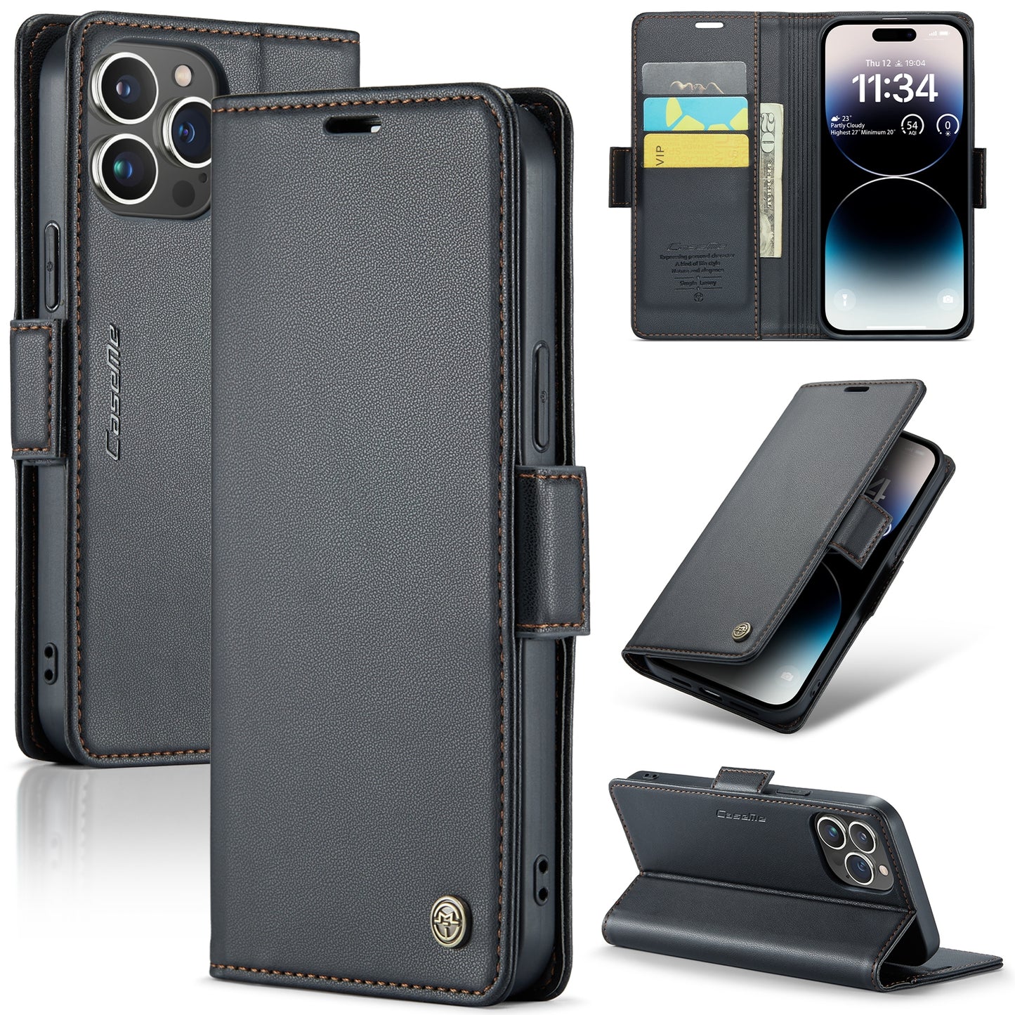iPhone 14 Pro Leather Wallet Case - RFID Blocking, Stand Function, Card Slots