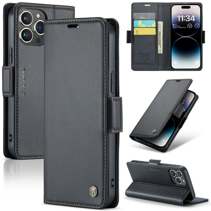 iPhone 14 Pro Leather Wallet Case - RFID Blocking, Stand Function, Card Slots