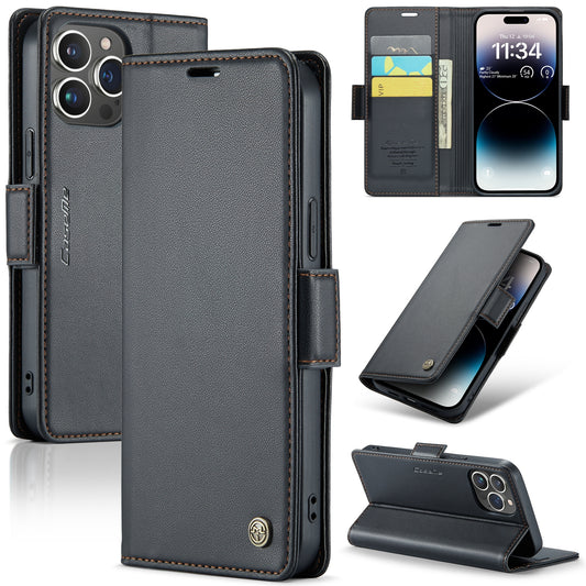 iPhone 14 Pro Leather Wallet Case - RFID Blocking, Stand Function, Card Slots