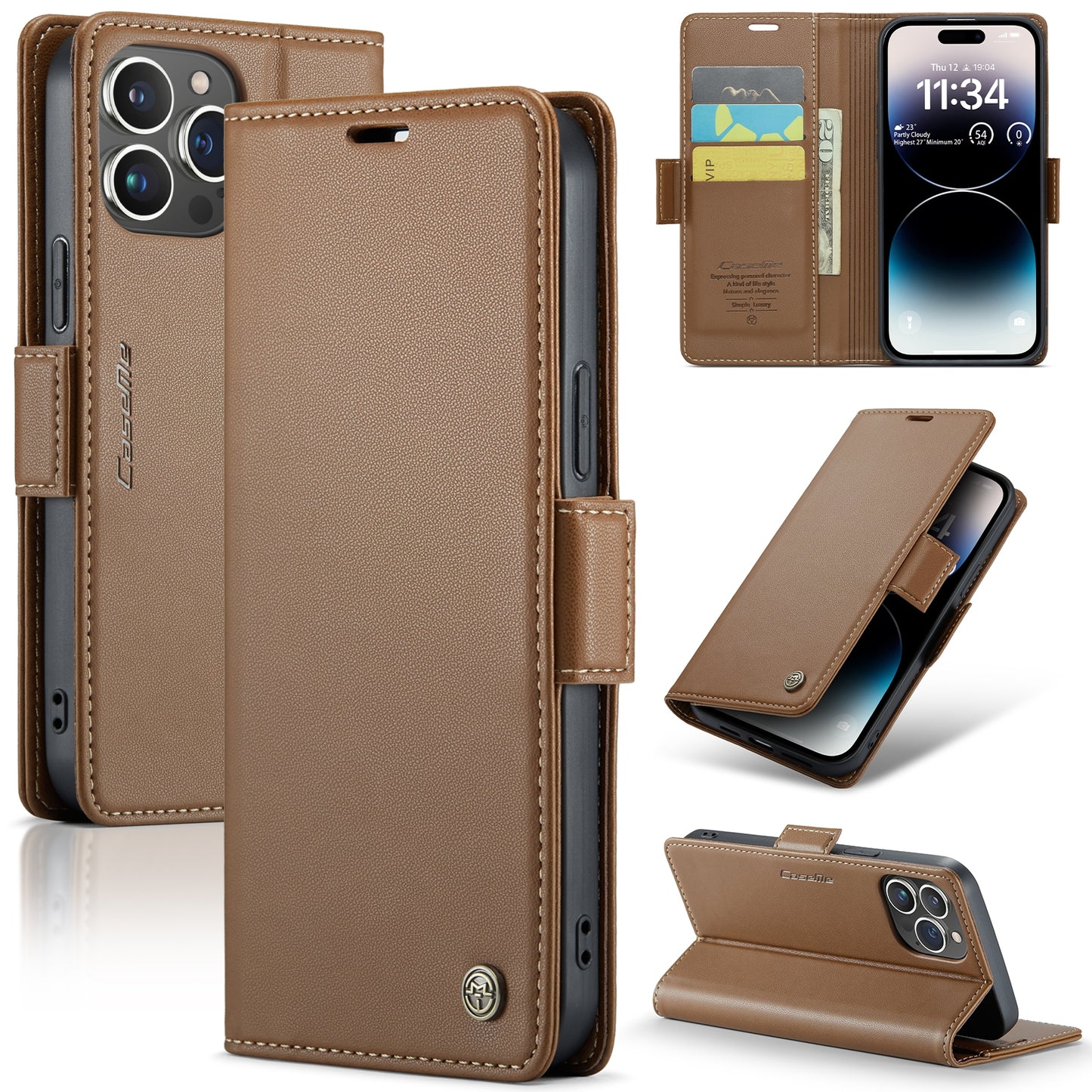 iPhone 14 Pro Max Leather Wallet Case - RFID Blocking, Stand Function, Card Slots
