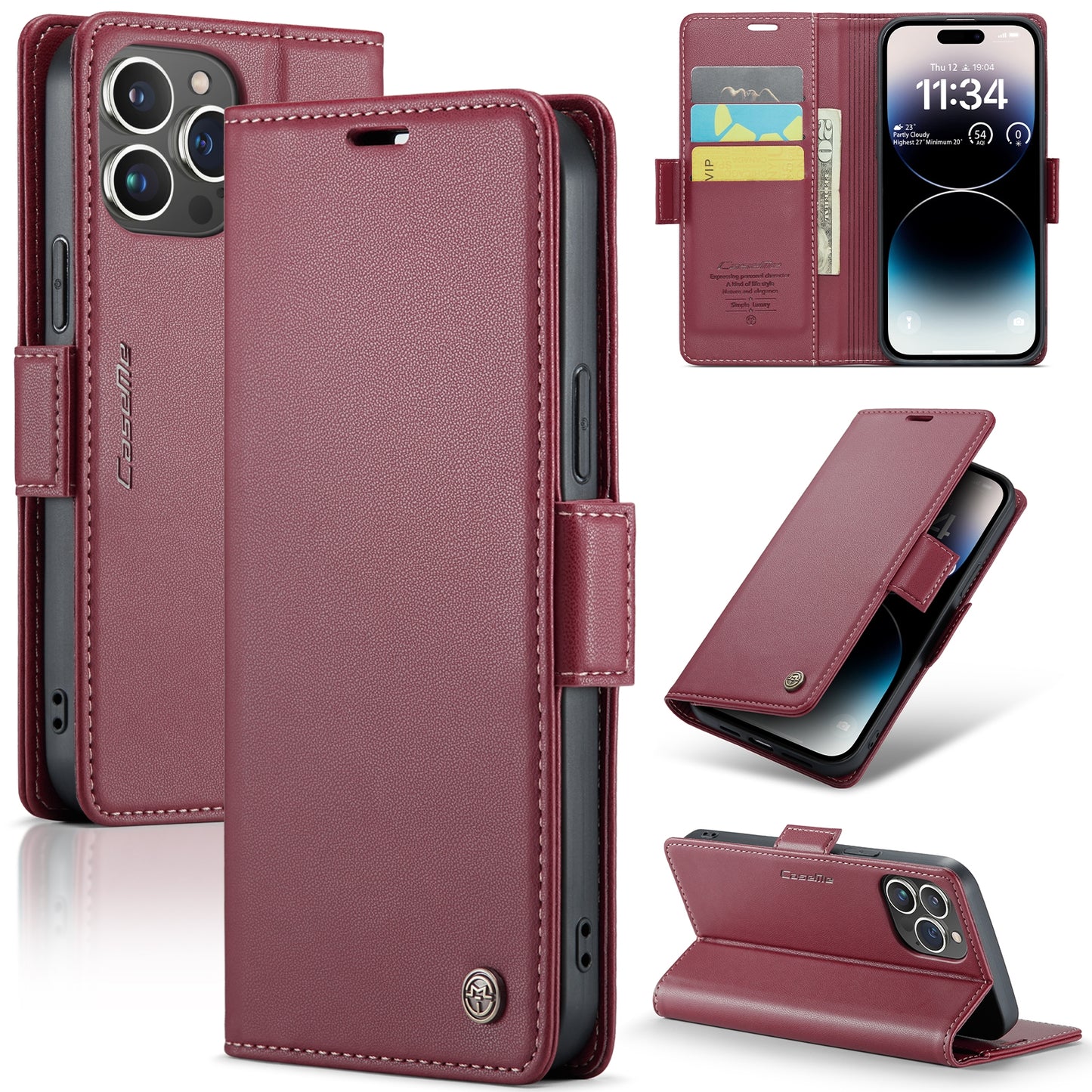iPhone 14 Pro Max Leather Wallet Case - RFID Blocking, Stand Function, Card Slots