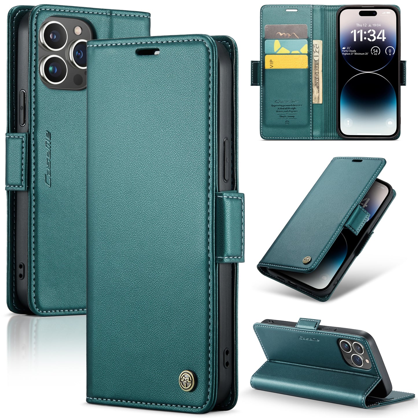 iPhone 14 Pro Max Leather Wallet Case - RFID Blocking, Stand Function, Card Slots