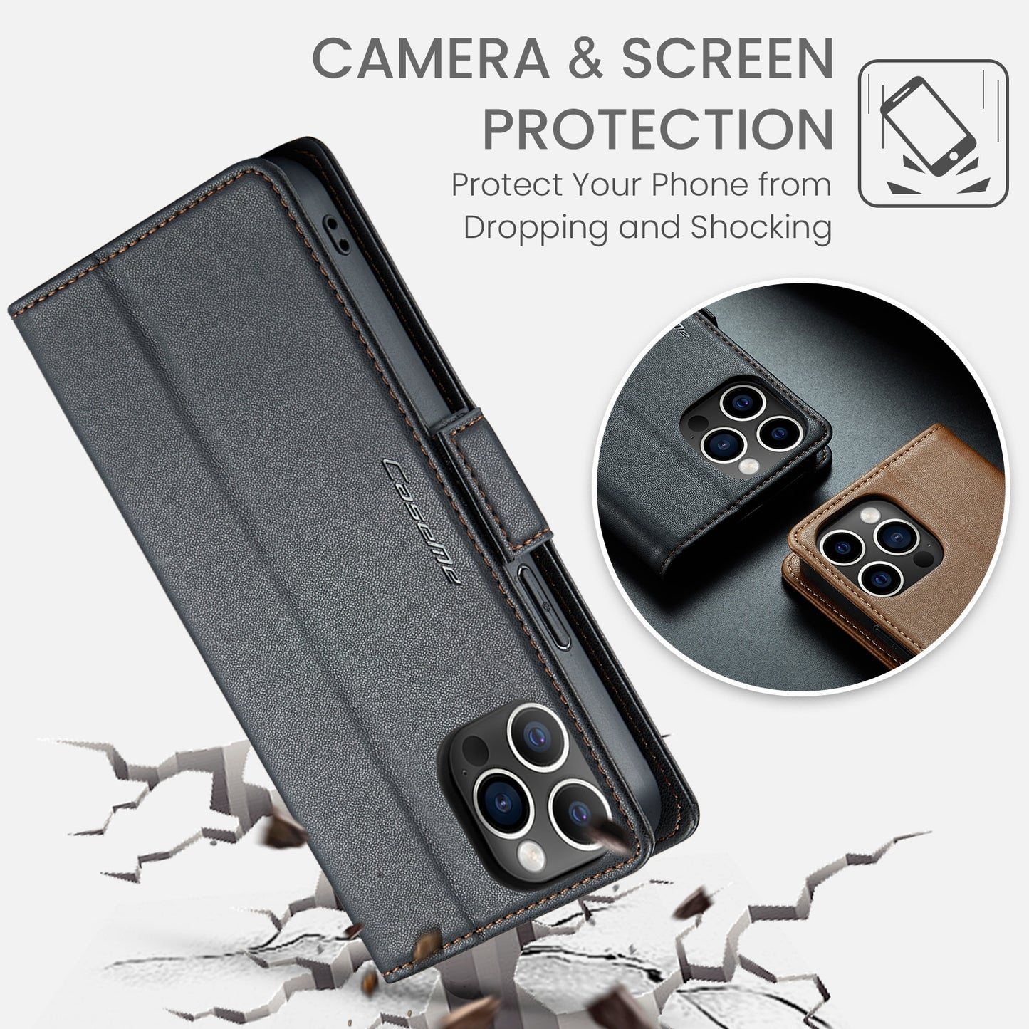 iPhone 12 Pro Max Leather Wallet Case - RFID Blocking, Stand Function, Card Slots