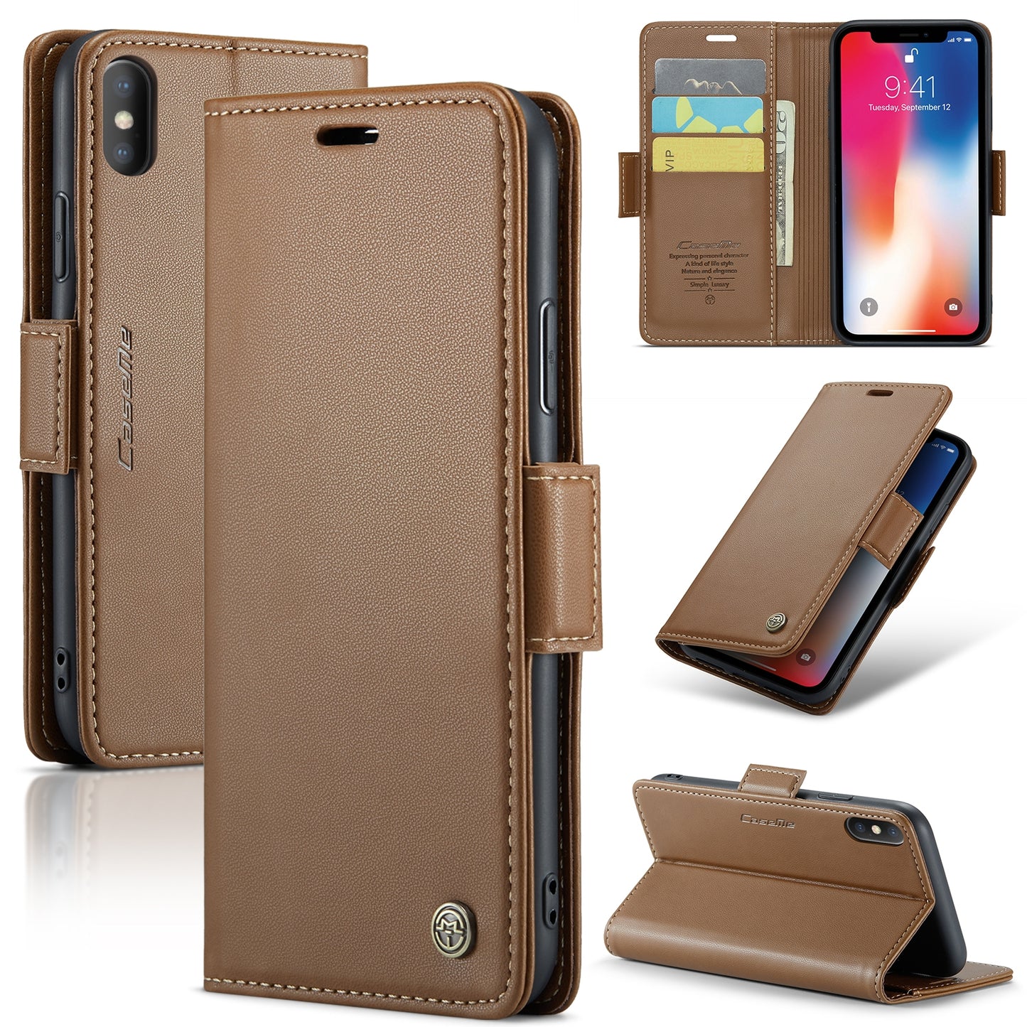 iPhone XS Leather Wallet Case - RFID Blocking, Stand Function, Card Slots