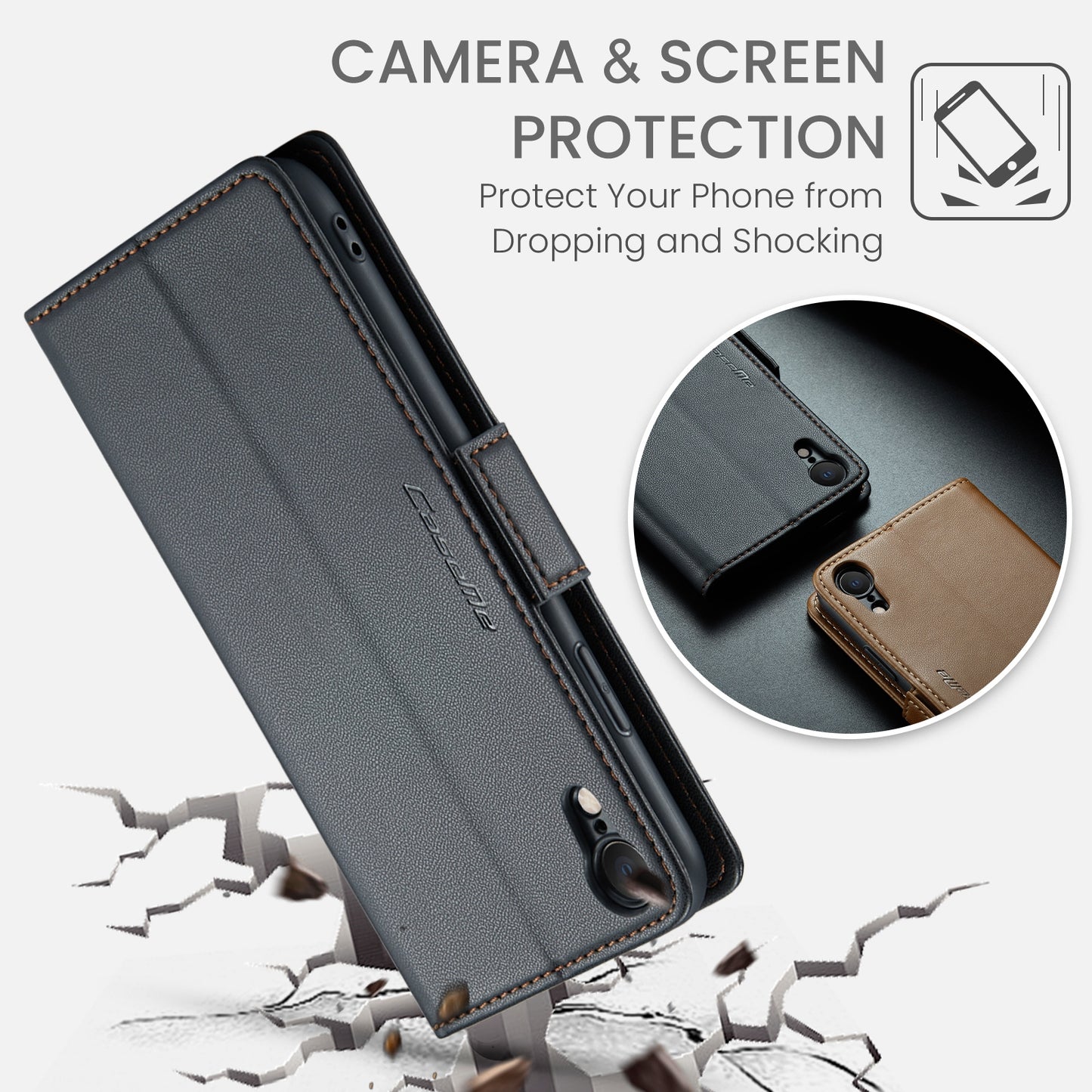 iPhone XR Leather Wallet Case - RFID Blocking, Stand Function, Card Slots