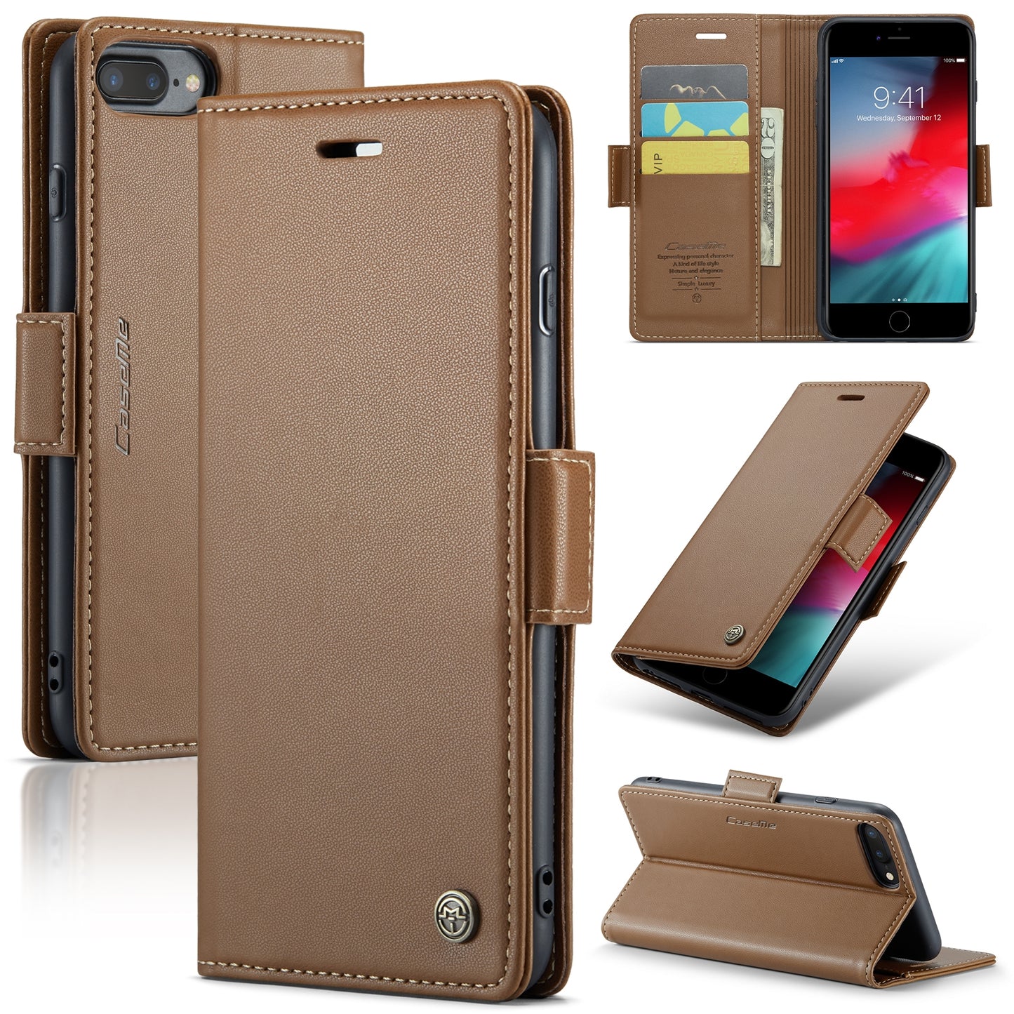 iPhone 8 Plus Leather Wallet Case - RFID Blocking, Stand Function, Card Slots