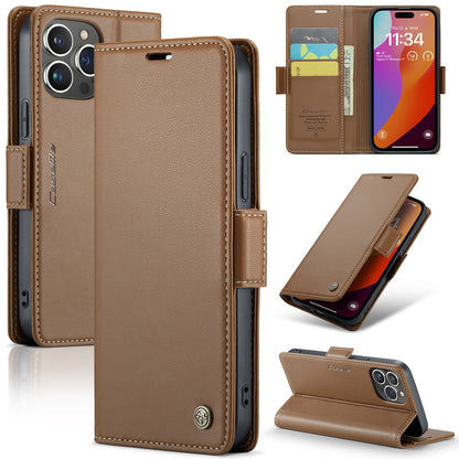 iPhone 15 Pro Max Leather Wallet Case - RFID Blocking, Stand Function, Card Slots