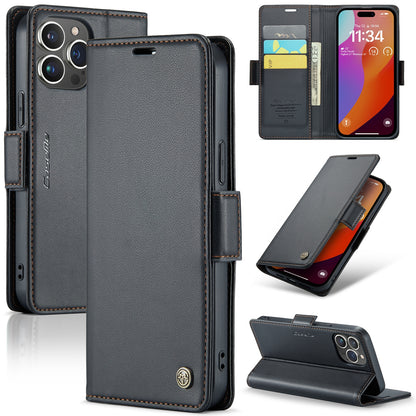 iPhone 15 Pro Leather Wallet Case - RFID Blocking, Stand Function, Card Slots