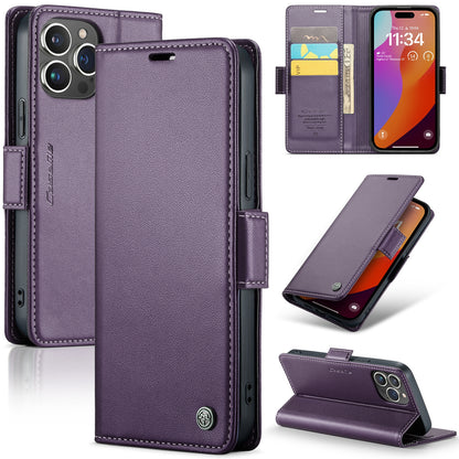 iPhone 15 Pro Leather Wallet Case - RFID Blocking, Stand Function, Card Slots