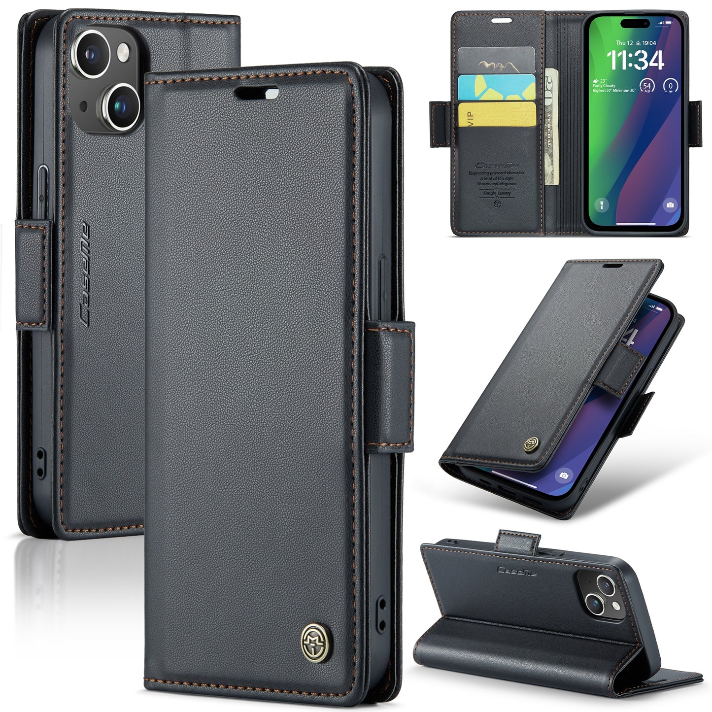 iPhone 15 Plus Leather Wallet Case - RFID Blocking, Stand Function, Card Slots