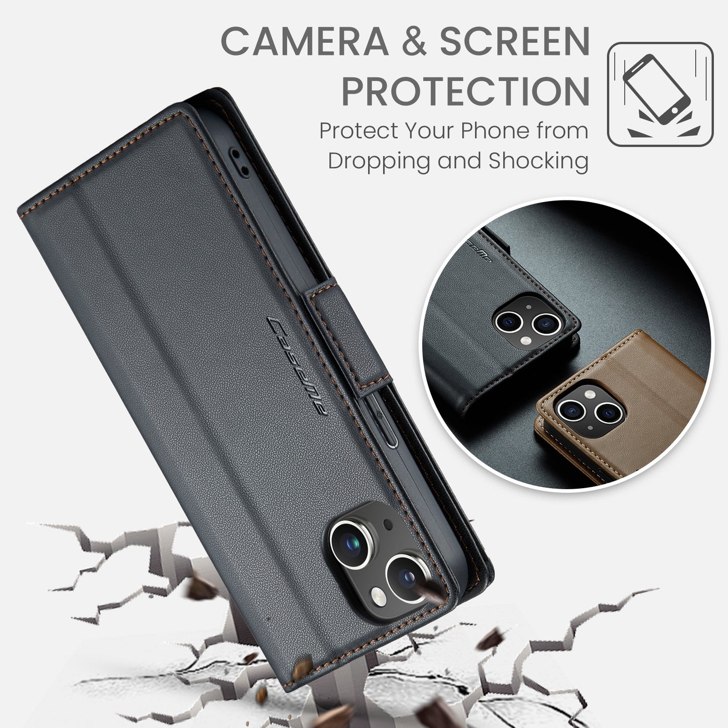 iPhone 15 Leather Wallet Case - RFID Blocking, Stand Function, Card Slots