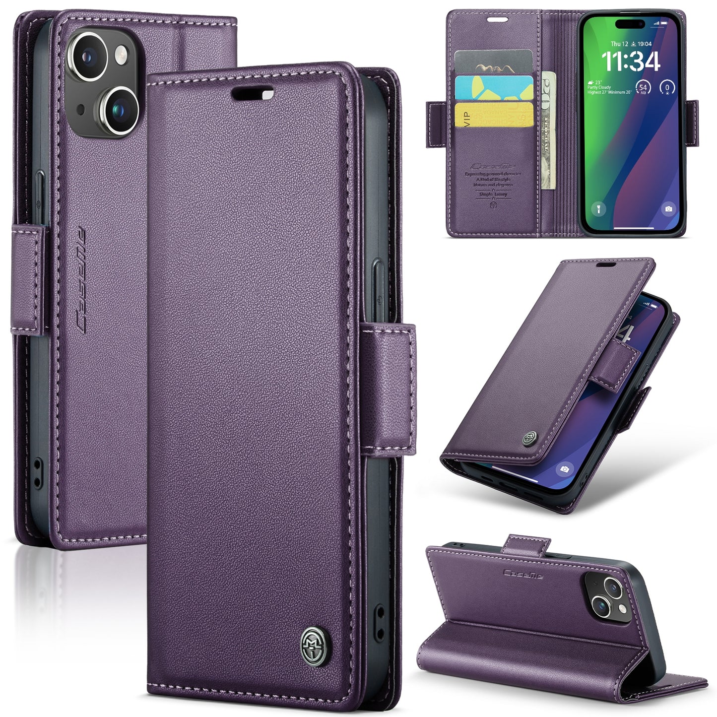 iPhone 15 Leather Wallet Case - RFID Blocking, Stand Function, Card Slots