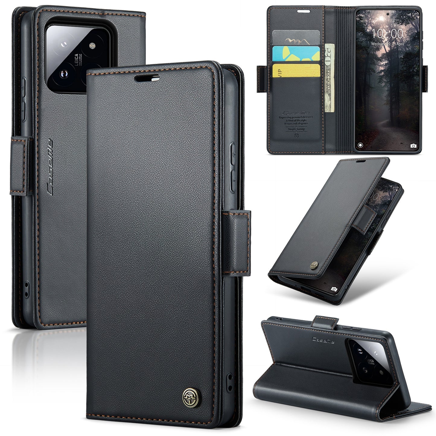 Xiaomi 14 Leather Wallet Case - RFID Blocking, Stand Function, Card Slots