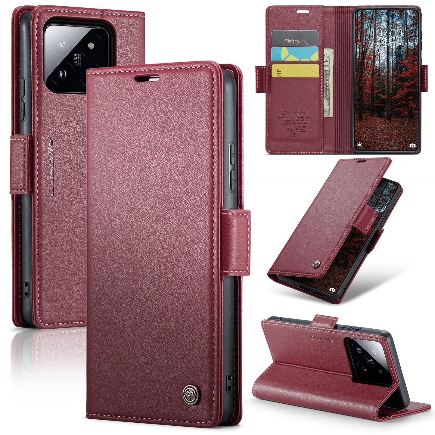 Xiaomi 14 Leather Wallet Case - RFID Blocking, Stand Function, Card Slots