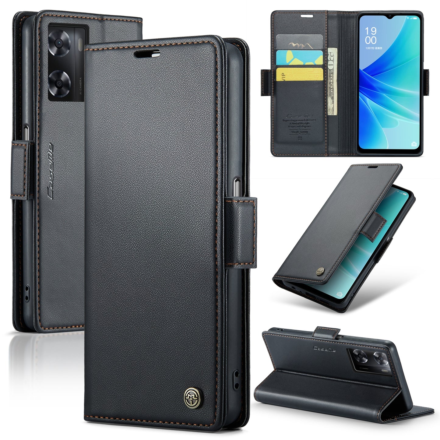 OPPO A57/A57s 4G Leather Wallet Case - RFID Blocking, Stand Function, Card Slots