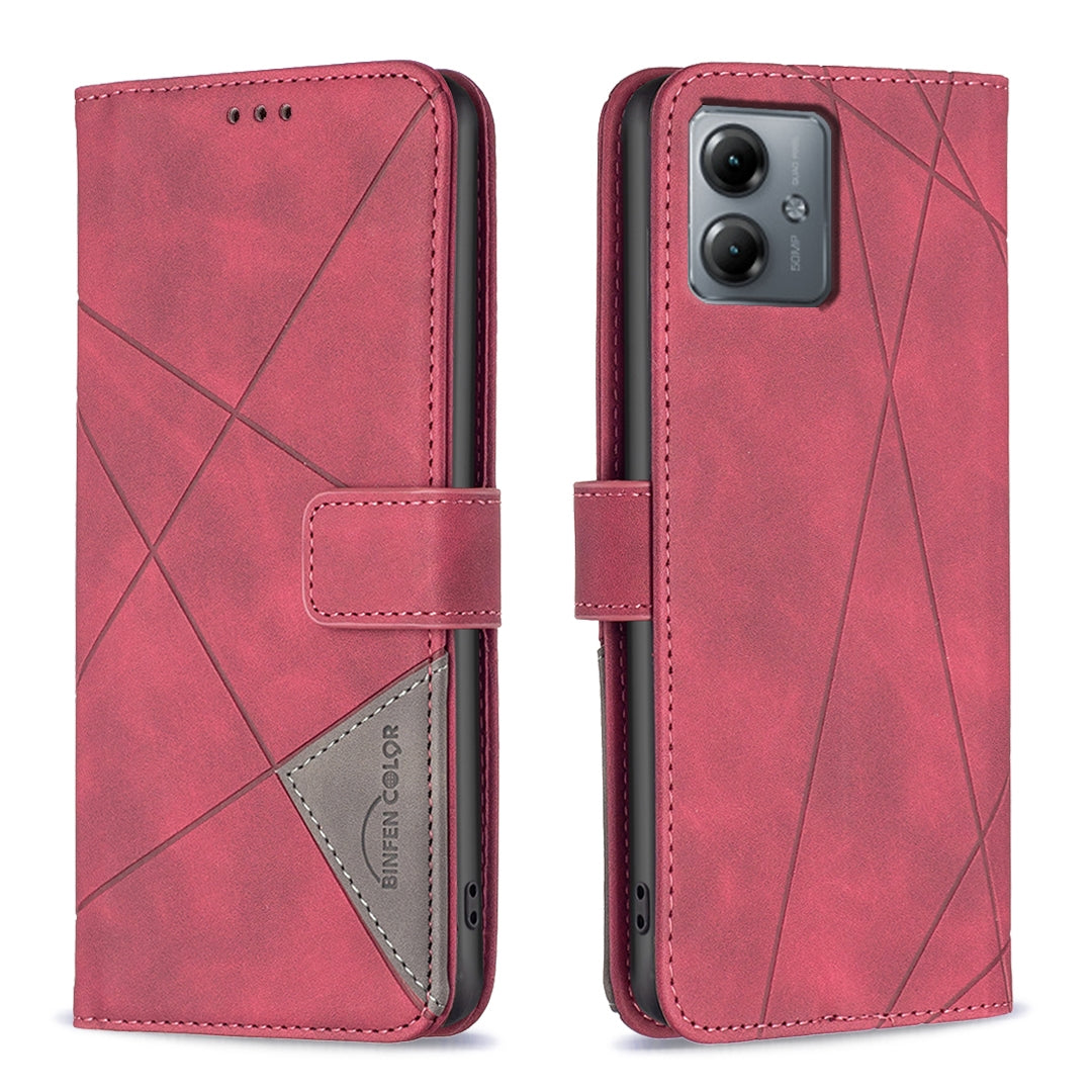 Motorola Moto G14 4G Wallet Case – Rhombus Texture PU Leather, Magnetic Buckle, Card Slots, Stand Function, Shockproof Protective Cover