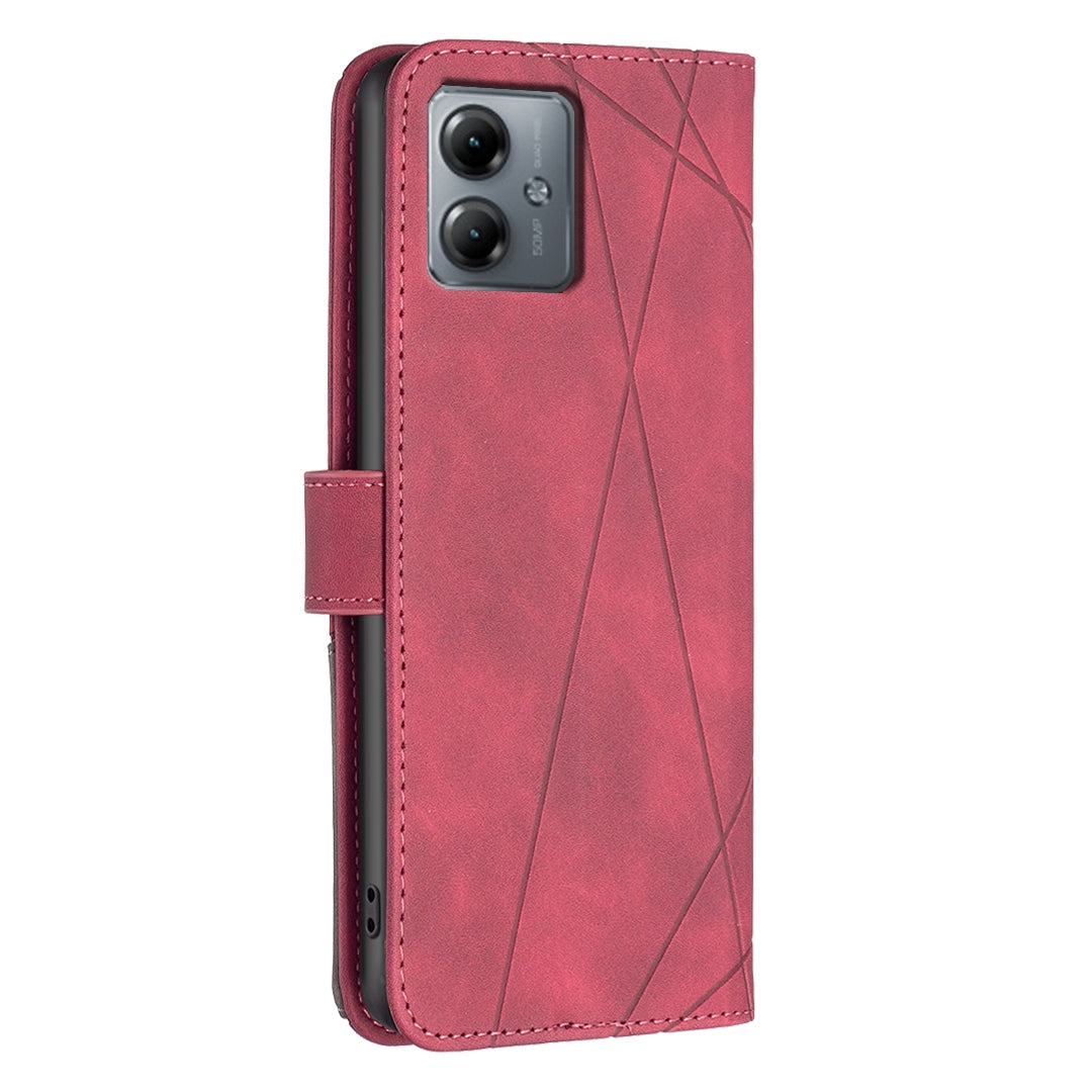 Motorola Moto G14 4G Wallet Case – Rhombus Texture PU Leather, Magnetic Buckle, Card Slots, Stand Function, Shockproof Protective Cover