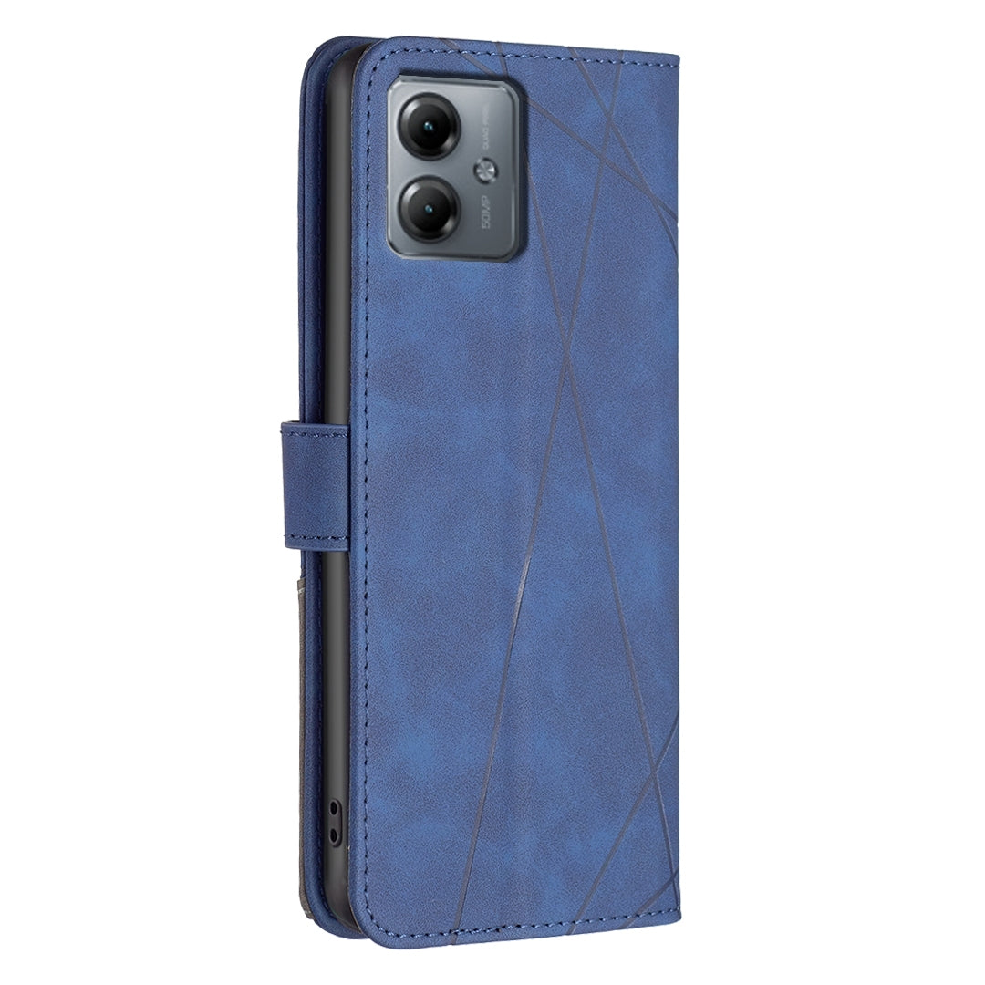 Motorola Moto G14 4G Wallet Case – Rhombus Texture PU Leather, Magnetic Buckle, Card Slots, Stand Function, Shockproof Protective Cover