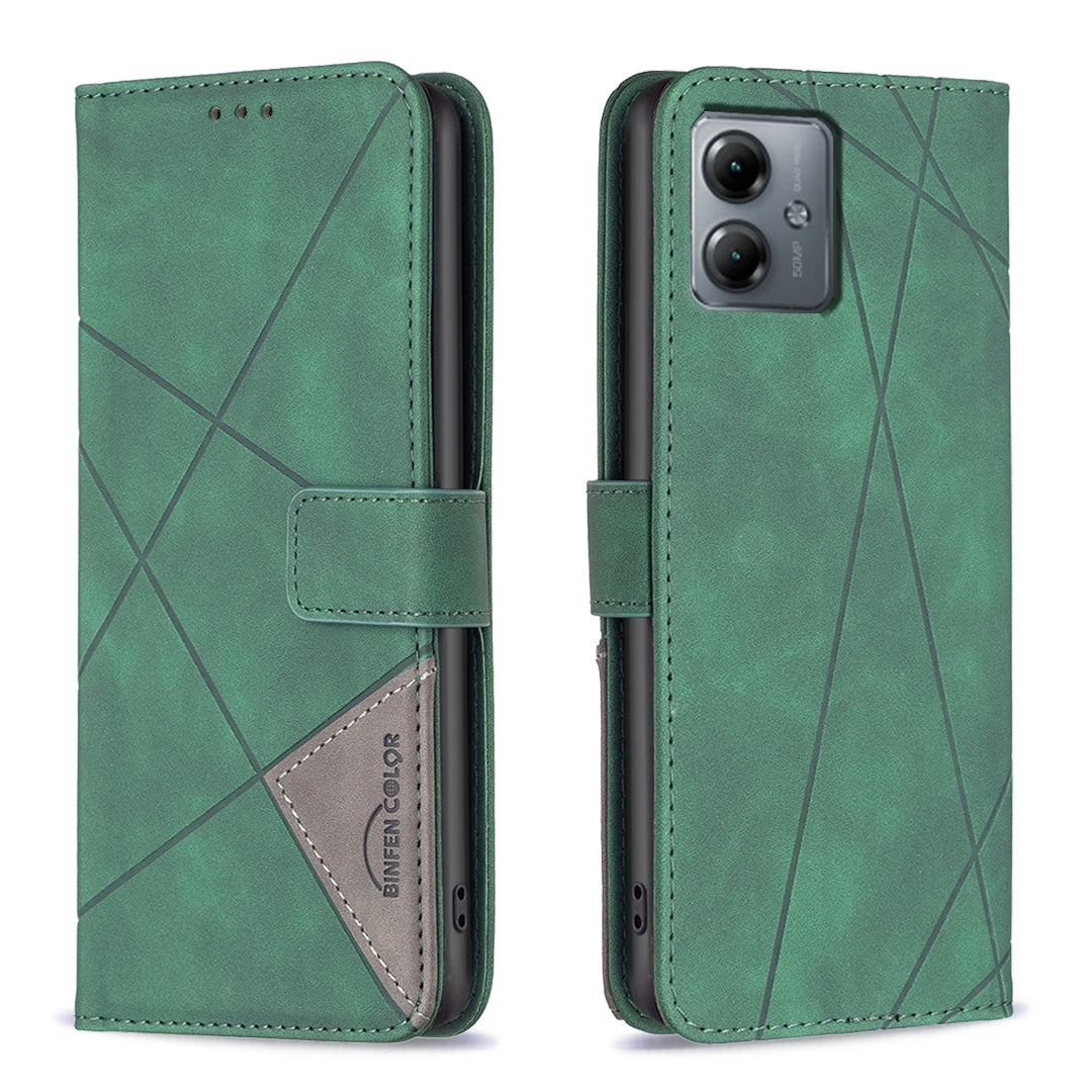 Motorola Moto G14 4G Wallet Case – Rhombus Texture PU Leather, Magnetic Buckle, Card Slots, Stand Function, Shockproof Protective Cover