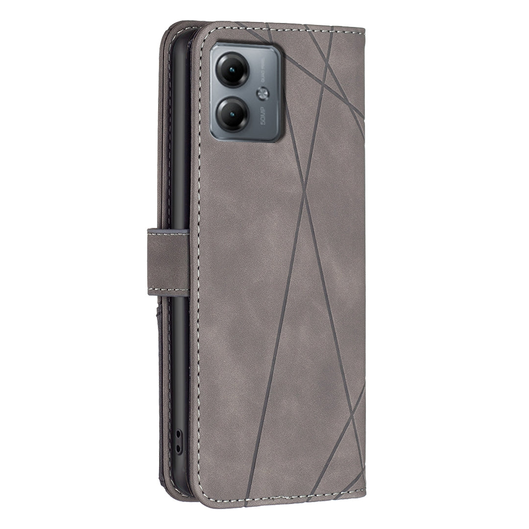 Motorola Moto G14 4G Wallet Case – Rhombus Texture PU Leather, Magnetic Buckle, Card Slots, Stand Function, Shockproof Protective Cover